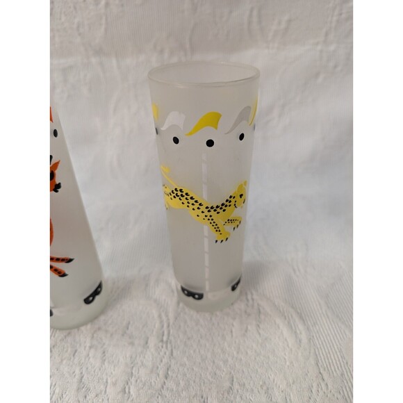 Vintage MCM Libby “Circus Carousel” 4 Frosted Glasses Tom Collins Animals Flag - Picture 8 of 11
